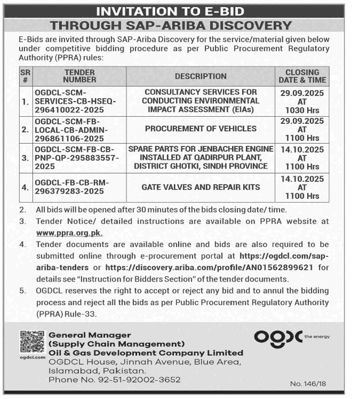 Oil & Gas Development Company Limited Islamabad Tender Notice-1